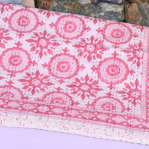 Pink Floral Kantha Quilt | Handmade Indian Bedspread | Block Print Blanket | Cotton Throw | Boho Bedding | Queen Size Quilt