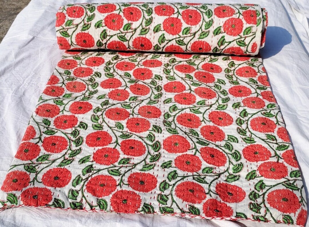 Kantha Bedcover Block Print Throw Cotton Blanket Twin and Queen Size