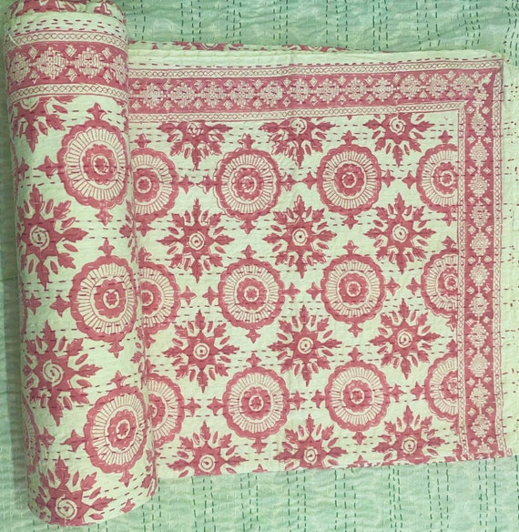 Kantha Stitch Quilt With Pink Floral Motifs Rustic Indian Kantha Bedspread Handmade Kantha Quilt With Floral Design Pink Kantha Quilt Etsy Canada