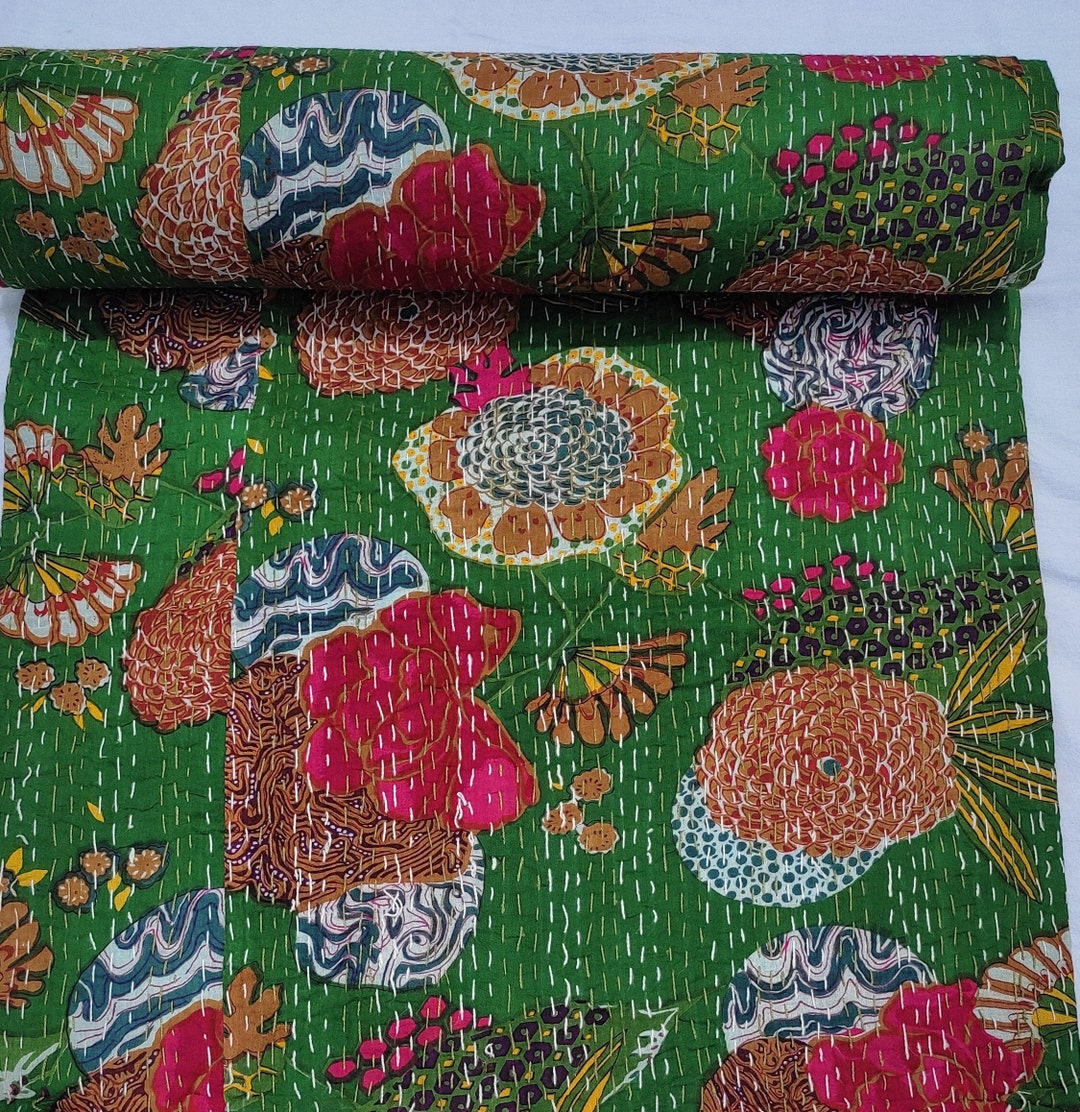 Green Kantha Quilt Handmade Print Green Kantha Quilt Green Etsy