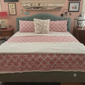Pink Floral Kantha Quilt Handmade Cotton Block Print Bedspread Indian Boho Blanket Vintage Cottagecore Bedding Twin Queen King