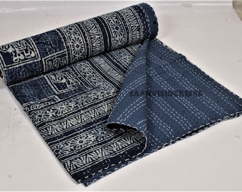 Dark Blue Block Print Quilt White Elephant Blue Indigo Kantha Quilt Indian Blue Bedspread Indian print bedcover Lightweight blanket Throw