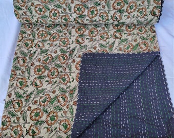Beige Green Floral Indian Kantha Quilt Handmade Pure Cotton Bedspread, Hand Stitched Natural Color Boho Home Decor