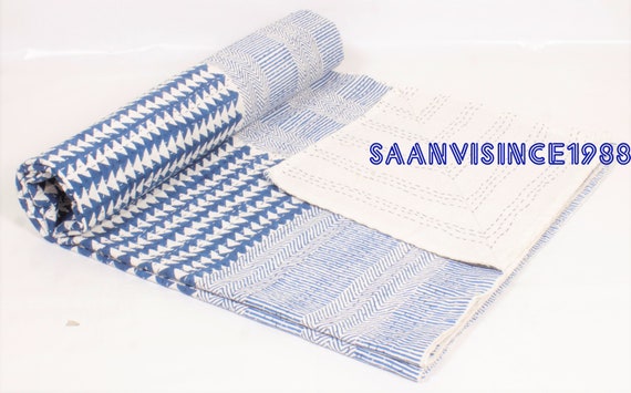 Blue Striped Kantha Quilt, Indigo Block Print Cotton Bedspread, Handmade Indian Lightweight Quilt, Coastal Boho Bedding