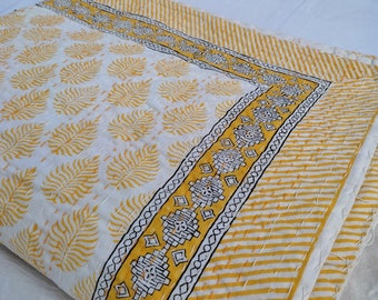 Yellow Leaf Indian Hand Kantha Quilt – Handmade Indian Block Print Cotton Bedspread, Reversible Lightweight Quilt Throw Blanket Boho Bedding