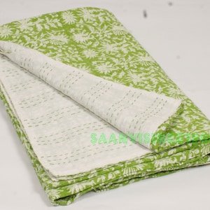 Green Floral Kantha Quilt Soft Pastel Background with Leafy Design Elegant Green Floral Kantha Quilt Handcrafted Pastel & Dark Green Design