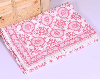 Pink Medallion Kantha Quilt, Handmade Cotton Block Print Bedspread, Indian Boho Blanket, Reversible Throw Quilt
