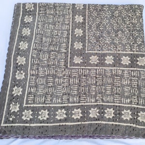 Grey Handmade Kantha Quilt: Geometric Block Print Indian Bedspread