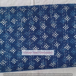 Indigo Blue Kantha Quilt: Handmade Indian Block Print Vintage Cotton Bedspread