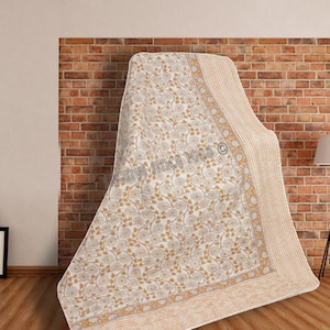 Handmade Orange Floral Kantha Quilt – Indian Cotton Bedspread, Block Print Throw Blanket, Lightweight Boho Bedding, Queen Size Coverlet