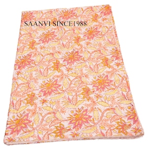 Peach Floral Kantha Quilt – Hand Block Printed Cotton Bedspread – Reversible Lightweight Blanket Throw – Boho Bedding Queen Size