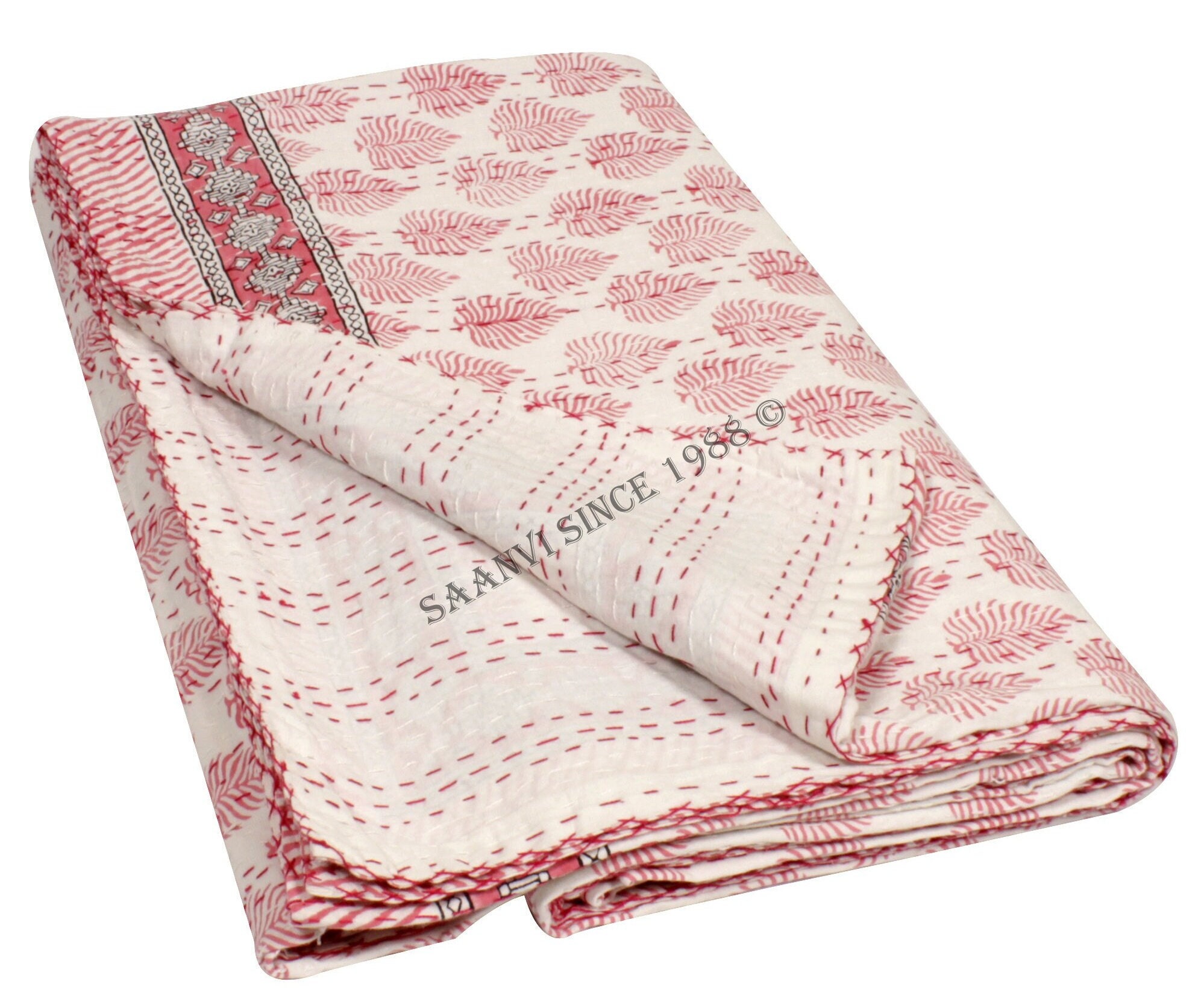 Indian kantha Quilt Pink floral Indian Pink Kantha quilt Etsy