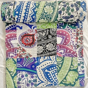 Multicolor Patchwork Indian Kantha Quilt – Handmade Cotton Bedspread – Boho Paisley Floral Blanket – Reversible Vintage-Style Bedding Throw