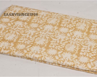 Indian Kantha Quilt Mustard Floral Block Print Handmade Pure Cotton Bedspread Lightweight Indian Bedding