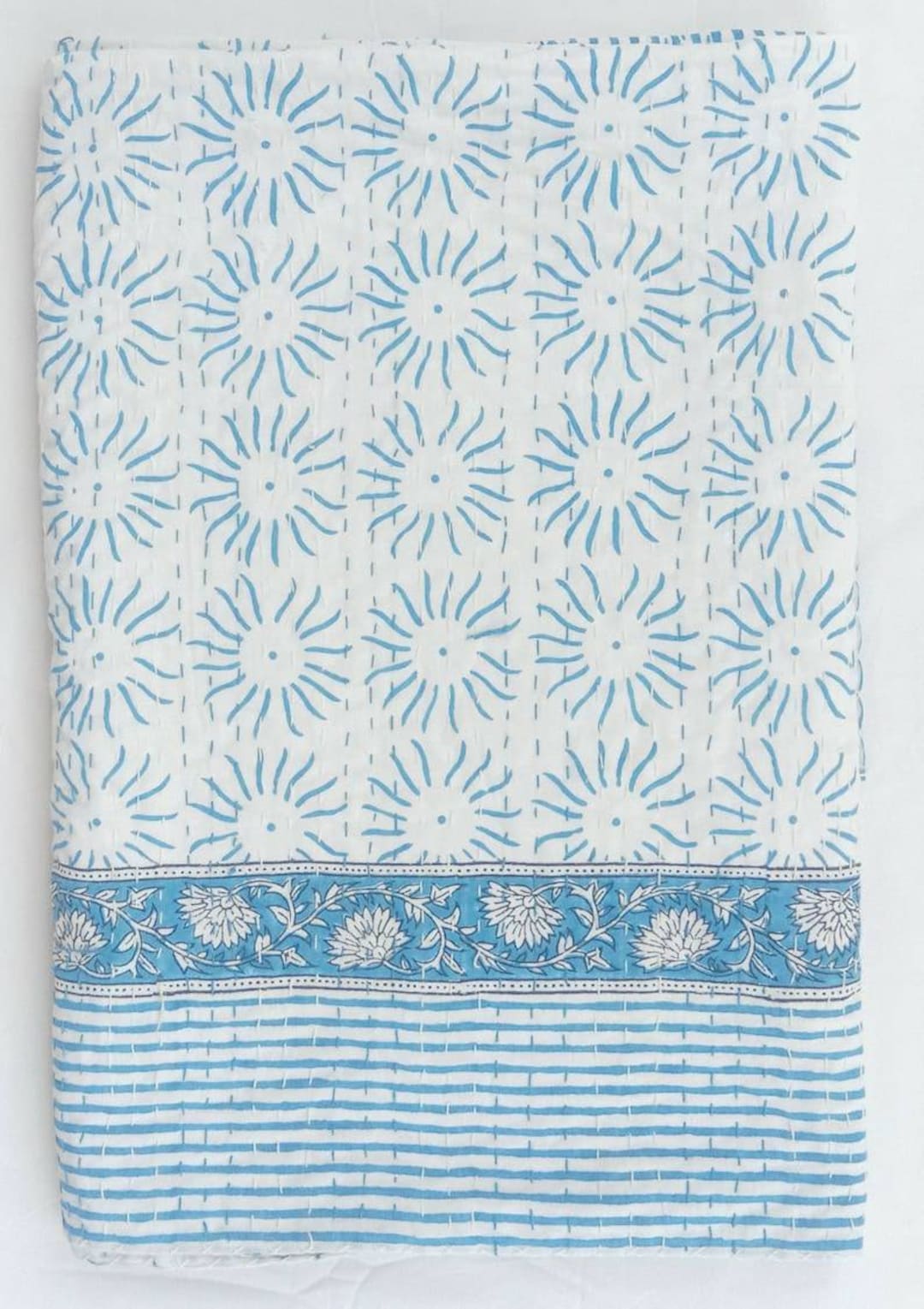 Block Print Kantha Quilt In White Sky...