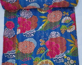 Blue Floral Kantha Quilt, Handmade Cotton Boho Bedspread, Colorful Botanical Throw Blanket, Indian Block Print Quilt