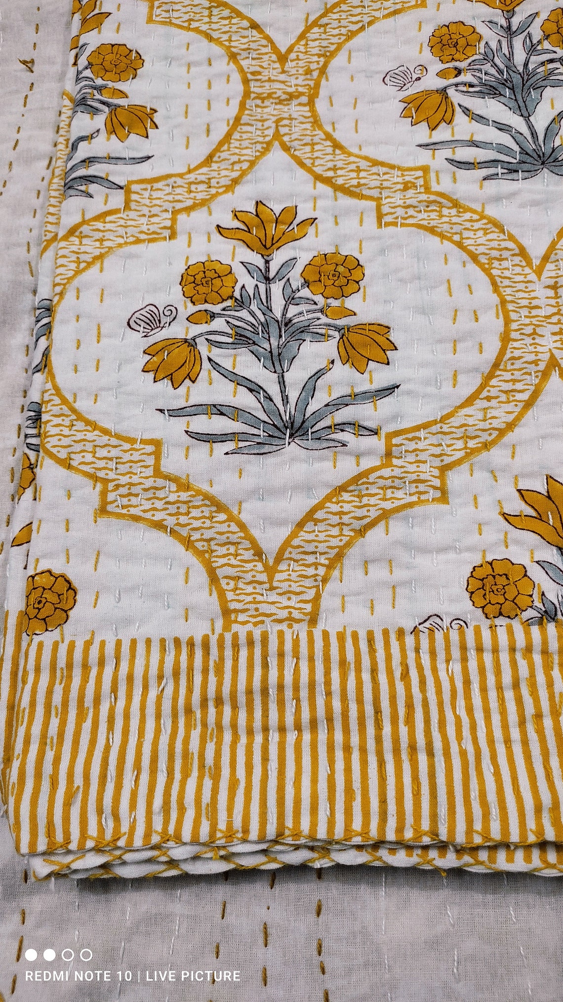 Yellow Floral Quilted Bedspread Indian Floral Kantha Country Etsy