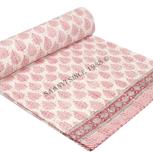 Handmade Pink Floral Kantha Quilt: Lightweight Cotton Bedspread