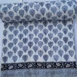 Blue & White Leaf Kantha Quilt: Indian Block Print Cotton Bedspread