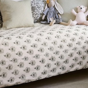 Green Floral Kantha Quilt with Pillow Covers: Indian Block Print Cotton Bedding