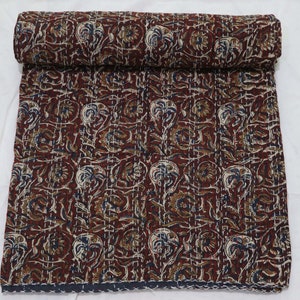 Maroon Floral Kantha Quilt: Hand Block Printed Reversible Boho Bedding
