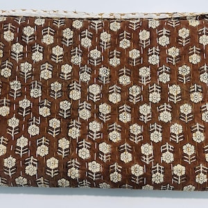 Brown Floral Kantha Quilt – Hand-Stitched Vintage Throw Blanket with Cream Block Print – Boho Home Decor