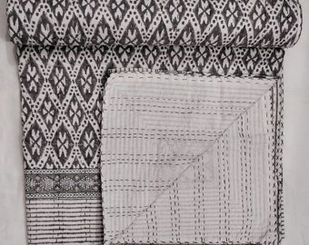 Handmade Black Block Print Kantha Quilt, Indian Cotton Kantha Blanket, Artisan Bedspread Throw, Minimalist Boho Bedding