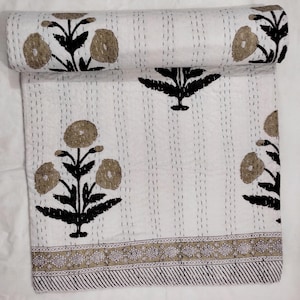 Dark Brown Indian Handmade Block Print Kantha Quilt – Brown Mustard Floral Throw Blanket, Block Print Cotton Bedspread, Boho Minimal Bedding