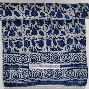 Blue Hand Block Print Kantha Quilt: Lightweight Boho Cotton Bedspread