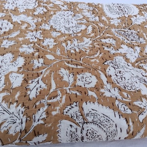 Mustard Floral Handmade Kantha Quilt – Block Print Cotton Throw Blanket – Handmade Bedspread – Indian Boho Bedding – Rustic Farmhouse Quilt