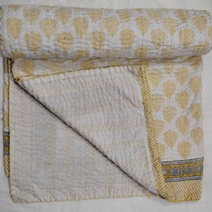Yellow Indian Block Print Kantha Quilt: Lightweight Boho Bedspread