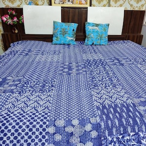 Blue Patchwork Kantha Quilt: Indian Hand-Printed Cotton Bedspread