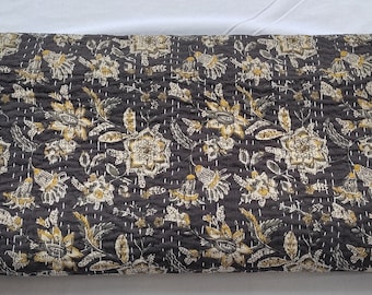 Handmade Black Floral Kantha Quilt – Cotton Block Print Bedspread, Soft Lightweight Blanket for Bedroom, Sofa & Cozy Home Décor