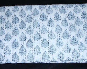 Blue Leaf Kantha Quilt Handmade Cotton Bedspread Botanical Block Print Bedding Minimalist Boho Blanket Cottagecore Quilt