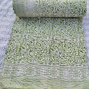 Queen Green and White Cotton Kantha Bedding Quilt Green Floral Throw Blanket Bedspread green kantha quilt Handblock Print Light Green Quilt