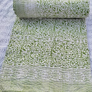 Queen Green and White Cotton Kantha Bedding Quilt Green Floral Throw Blanket Bedspread green kantha quilt Handblock Print Light Green Quilt