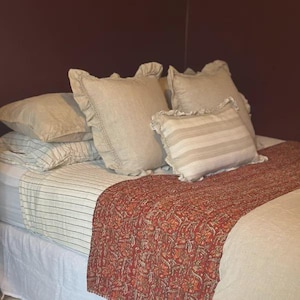 Rustic Floral Handmade Block Print Kantha Quilt Throw - Hand-stitched Brown & Orange Blanket Boho Cotton Bedspread - Indian Vintage Bedding
