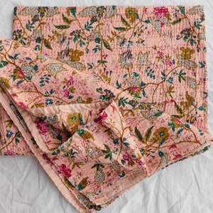 Pink Floral Kantha Quilt - Hand Stitched Indian Throw Blanket Kantha Quilt Queen Size - Pink Floral Indian Kantha Blanket - Cotton Kantha