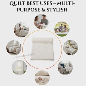 May include: A cream-coloured rectangular quilt positioned in the centre of a graphic featuring the text QUILT BEST USES &ndash; MULTI-PURPOSE & STYLISH. Seven circular images surround the quilt, displaying its use as a bed cover, picnic blanket, sofa throw, and baby wrap.