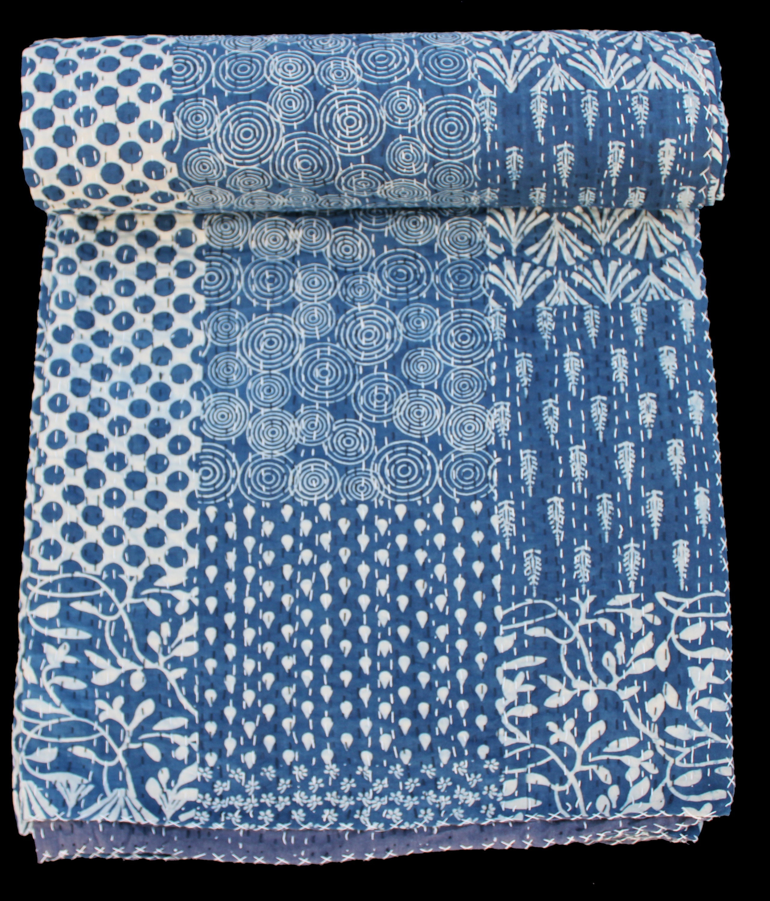 Copriletto indiano indaco, trapunta doppia stampata a mano, copriletto Kantha con stampa indaco, trapunta Kantha blu reversibile - Italia