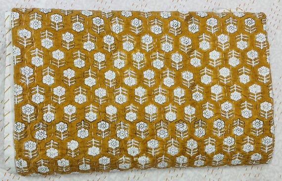 Handmade Mustard Floral Block Print Indian Kantha Quilt, Pure Cotton Hand Stitched Bedspread, Artisan Made Boho Throw
