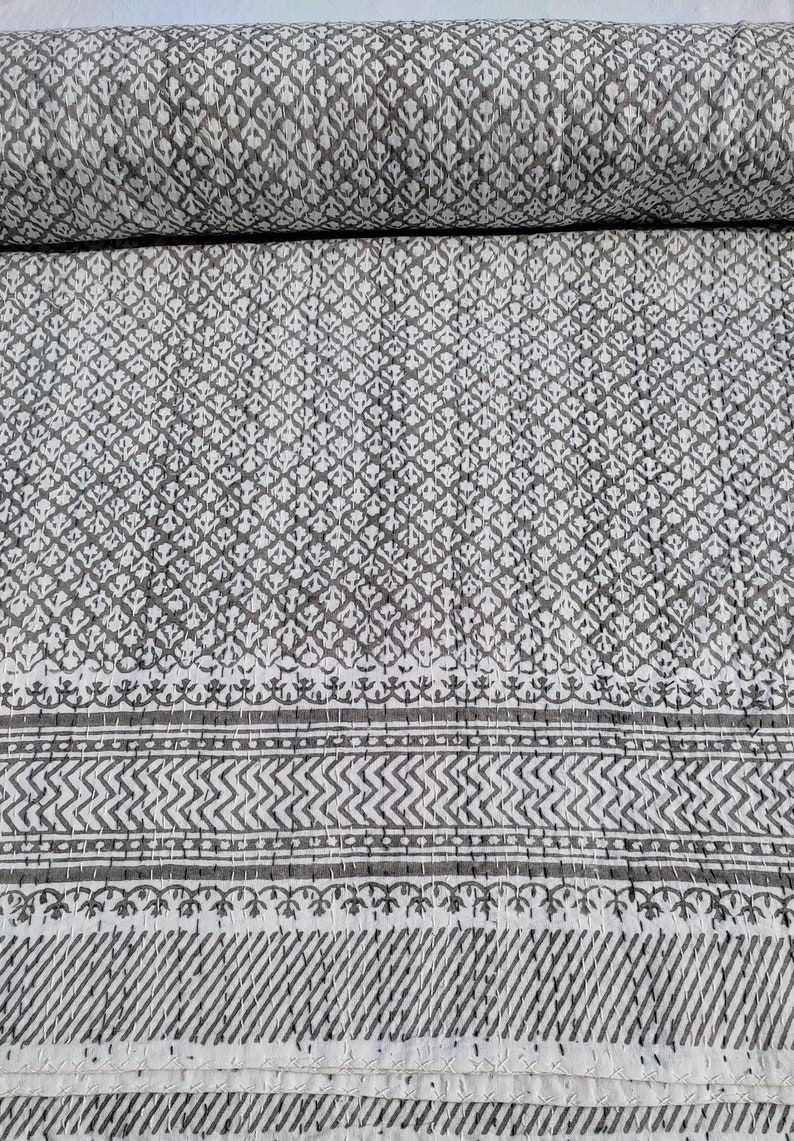 Grey Indian Kantha Quilt Handblock Print Grey Quilt Grey and Etsy