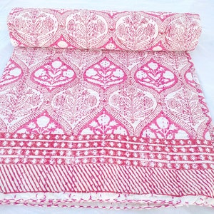 Pink Hand Block Print Kantha Quilt Pink And White Flowers Quilt Indian Kantha Pink Handmade Queen Pink Quilt Pink and White Quilted Throws