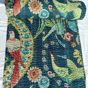 Hand Stitched Kantha Quilt: Lightweight Indian Bird Print Cotton Bedspread