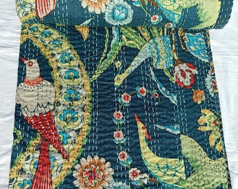 Trapunta Kantha indiana con stampa di uccelli – Copriletto indiano in cotone fatto a mano, coperta floreale boho, copriletto leggero reversibile