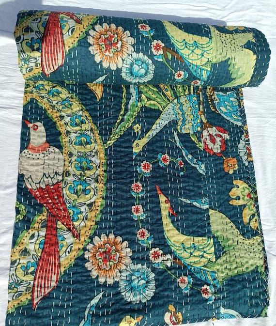 Bird Print Indian Kantha Quilt – Handmade Indian Cotton Bedspread, Floral Boho Bedding Throw Blanket, Reversible Lightweight Quilt Coverlet