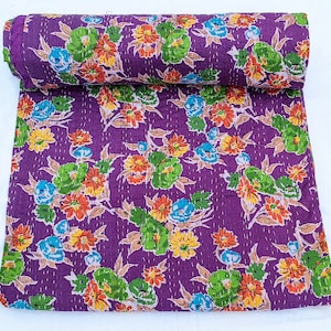 Purple Floral Kantha Quilt Purple Floral Indian Block Print Quilt, Handmade Cotton Block Print Bedspread, Reversible Boho Blanket Throw