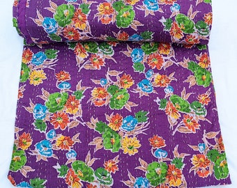 Purple Floral Indian Kantha Quilt Handmade, Colorful Block Print Pure Cotton Bedspread, Boho Indian Bedding