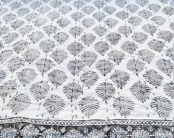Handmade Black Leaf Block Print Kantha Quilt – Cotton Bedspread, Boho Blanket, Modern Minimalist Bedding Throw from Jaipur