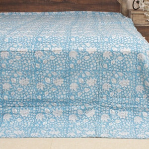 Blue Floral Handmade Block Print Kantha Quilt - Hand Block Print Cotton Blanket - Boho Bedspread - Lightweight Throw for All Seasons